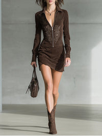 Vestido Casual Marrón Oscuro con ante y bordado - Marrón Oscuro