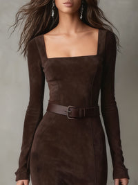 Vestido Casual Elegante Marrón Oscuro con ante, escote cuadrado y cinturón - Marrón Oscuro