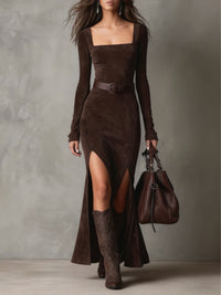 Vestido Casual Elegante Marrón Oscuro con ante, escote cuadrado y cinturón - Marrón Oscuro