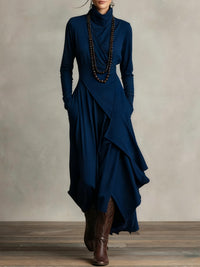 Vestido Largo con cuello alto, corte asimétrico, plisado y encaje - Negro