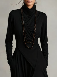 Vestido Largo con cuello alto, corte asimétrico, plisado y encaje - Negro