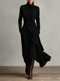 Vestido Largo con cuello alto, corte asimétrico, plisado y encaje - Morado