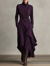 Vestido Largo con cuello alto, corte asimétrico, plisado y encaje - Morado