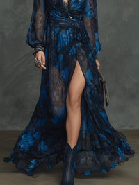 Vestido Estampado Boho Azul con gasa y floral - Azul