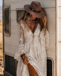 Vestido Largo Boho Albaricoque con encaje, escote en V y manga campana
