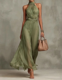 Vestido Largo con gasa, escote halter y liso - Verde