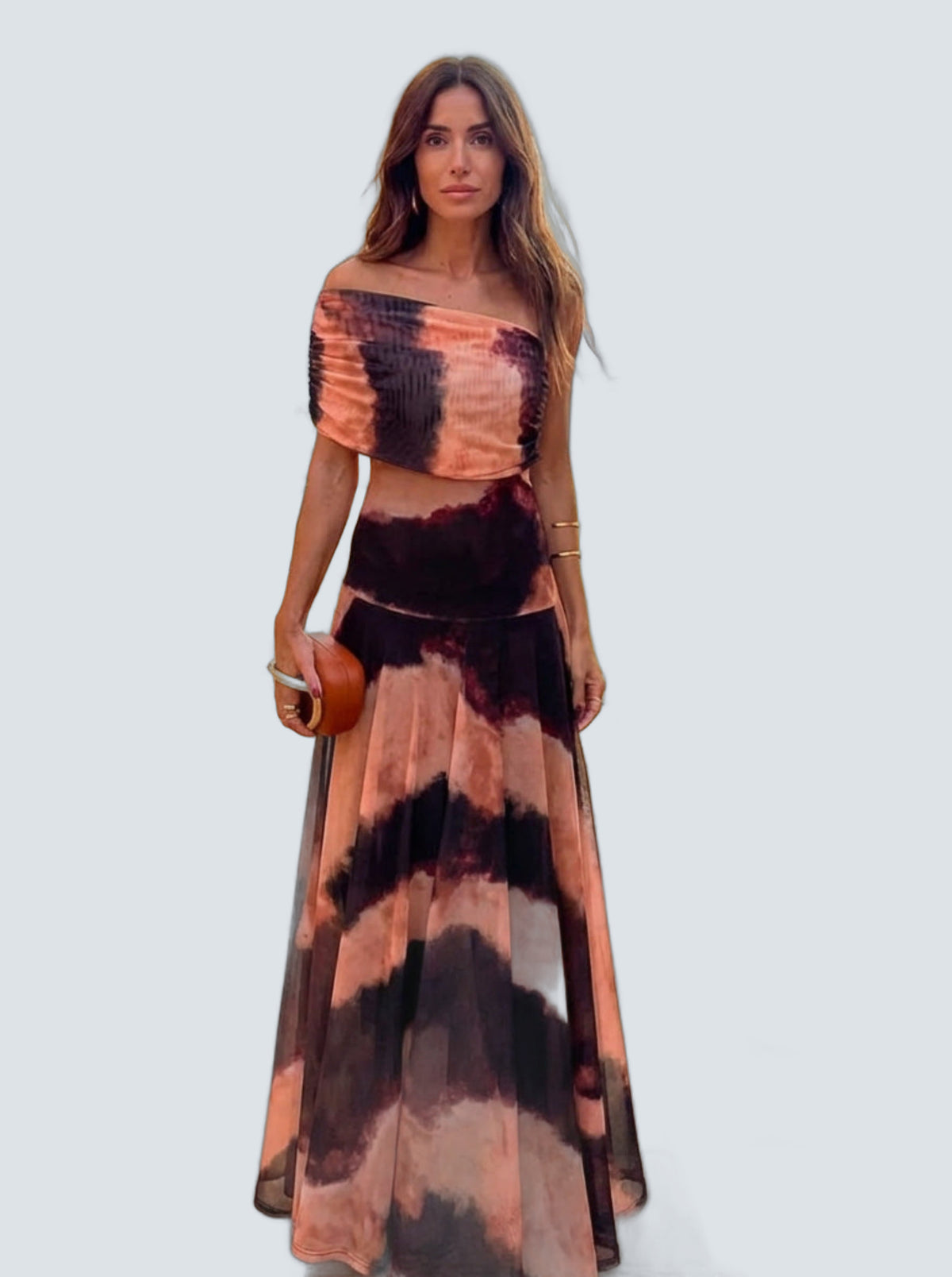 Vestido Estampado Naranja Marron - fondo gris