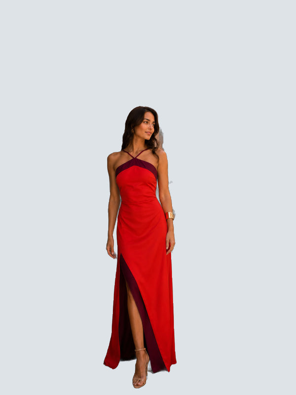 Vestido largo halter con abertura - fondo gris