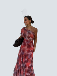 Vestido Largo Hombro Caido Acuarela - fondo gris