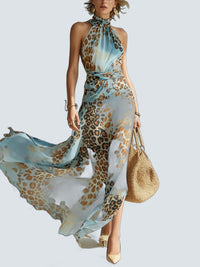 Vestido Maxi Gasa Leopardo Azul - fondo gris