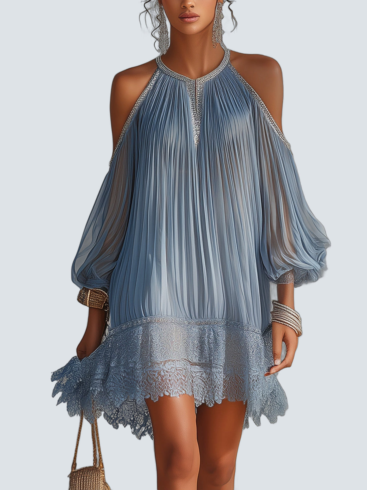Vestido Mini Azul Hombros Descubiertos - fondo gris