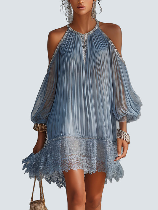 Vestido Mini Azul Hombros Descubiertos - fondo gris