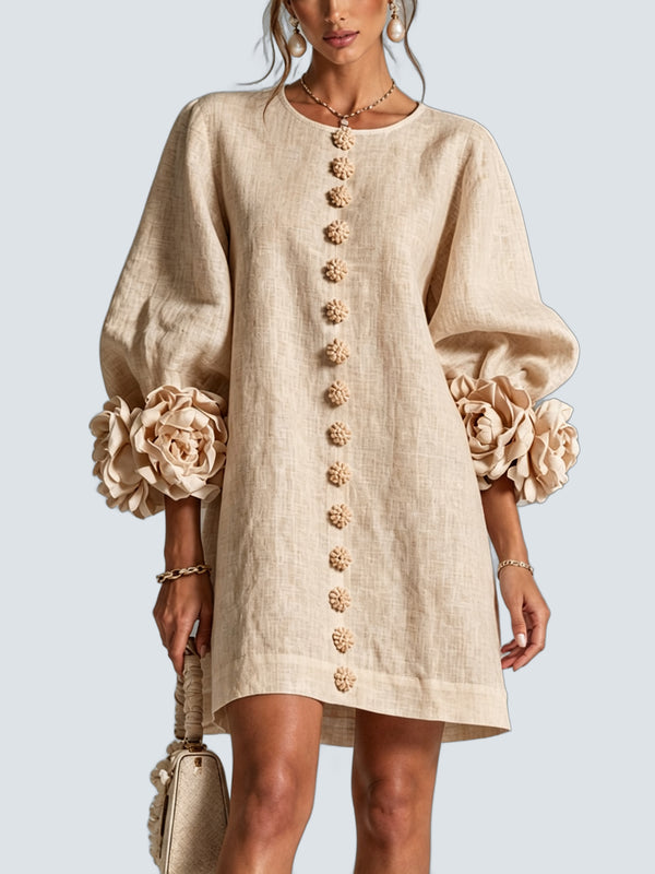 Vestido Mini Beige Botones Flor - fondo gris