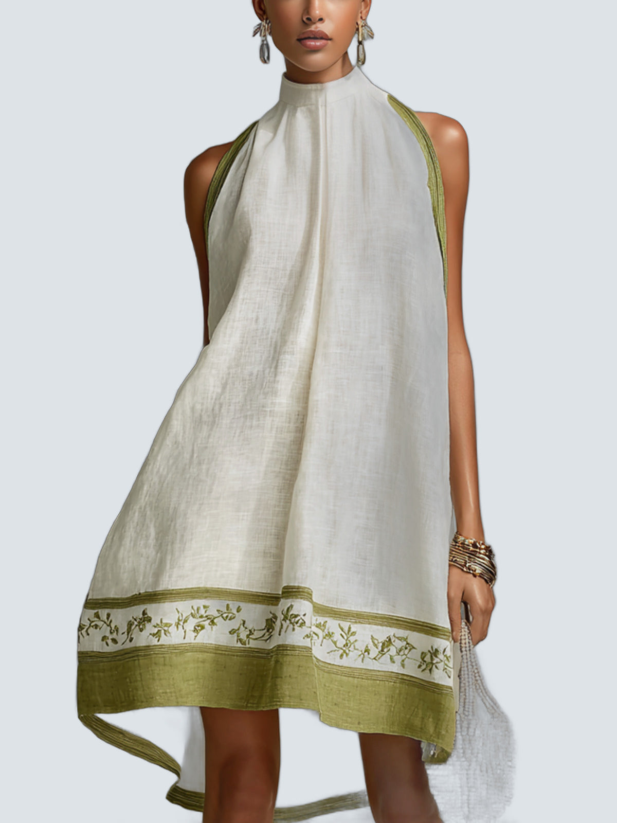 Vestido Mini Blanco Ribete Verde Oliva - fondo gris