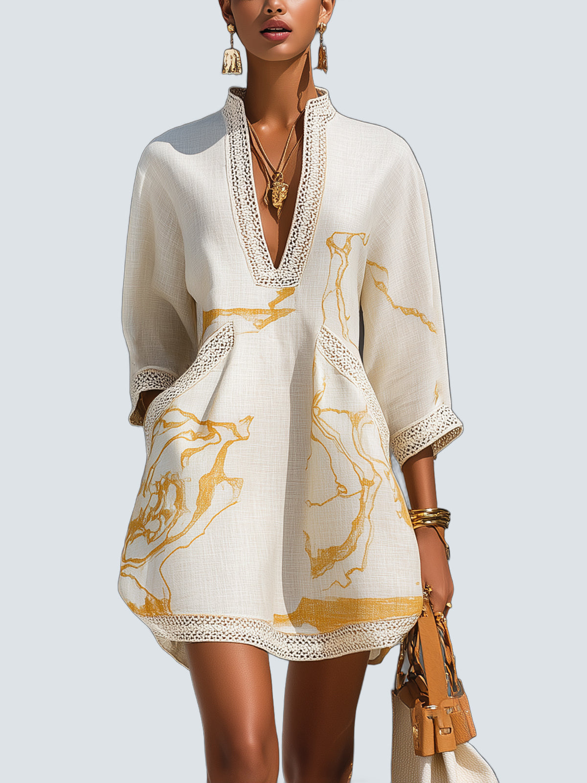 Vestido Mini Marfil Estampado Dorado - fondo gris