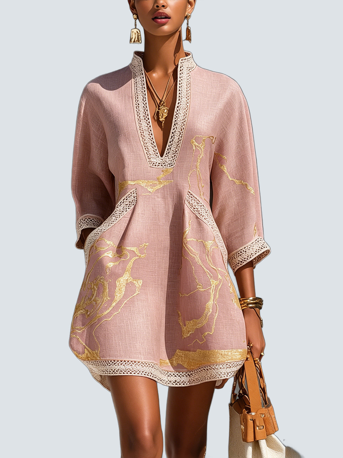 Vestido Mini Rosa Estampado Dorado - fondo gris