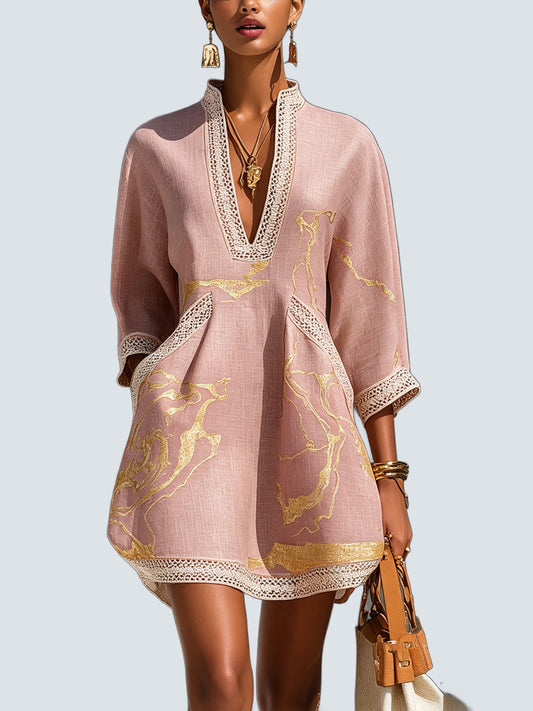 Vestido Mini Rosa Estampado Dorado - fondo gris