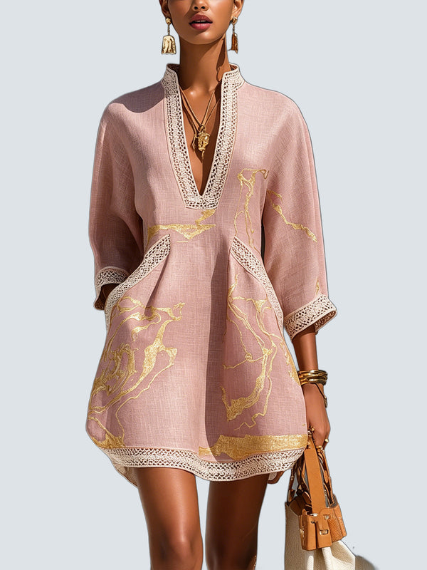 Vestido Mini Rosa Estampado Dorado - fondo gris