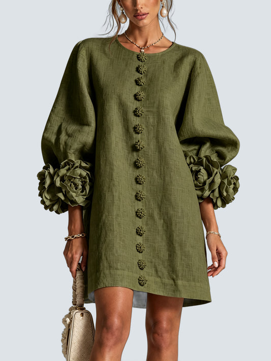 Vestido Mini Verde Oliva Botones Flor - fondo gris