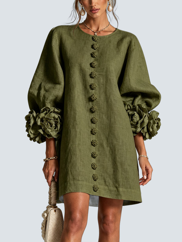 Vestido Mini Verde Oliva Botones Flor - fondo gris