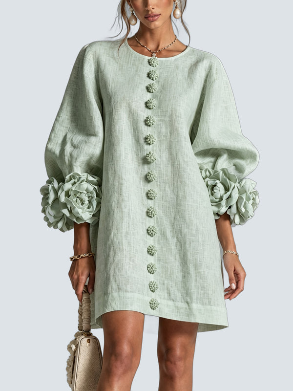 Vestido Mini Verde Salvia Botones Flor - fondo gris
