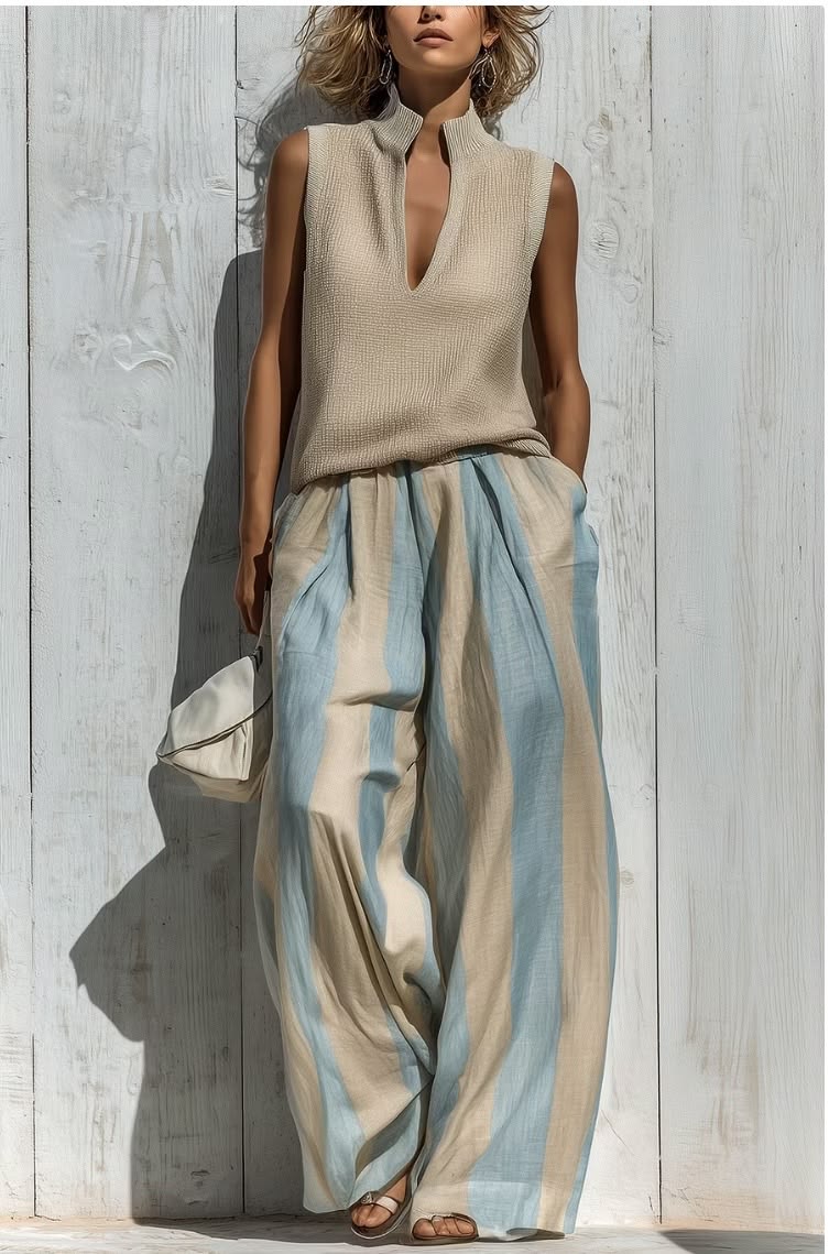Conjunto Casual Sin Mangas con a rayas - Caqui