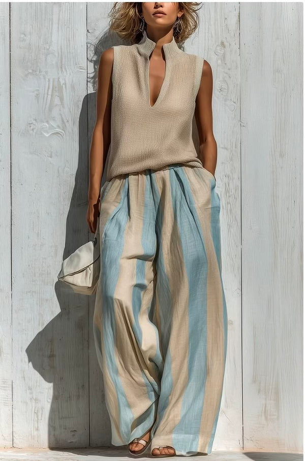Conjunto Casual Sin Mangas con a rayas - Caqui