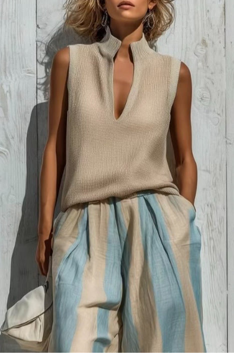 Conjunto Casual Sin Mangas con a rayas - Caqui