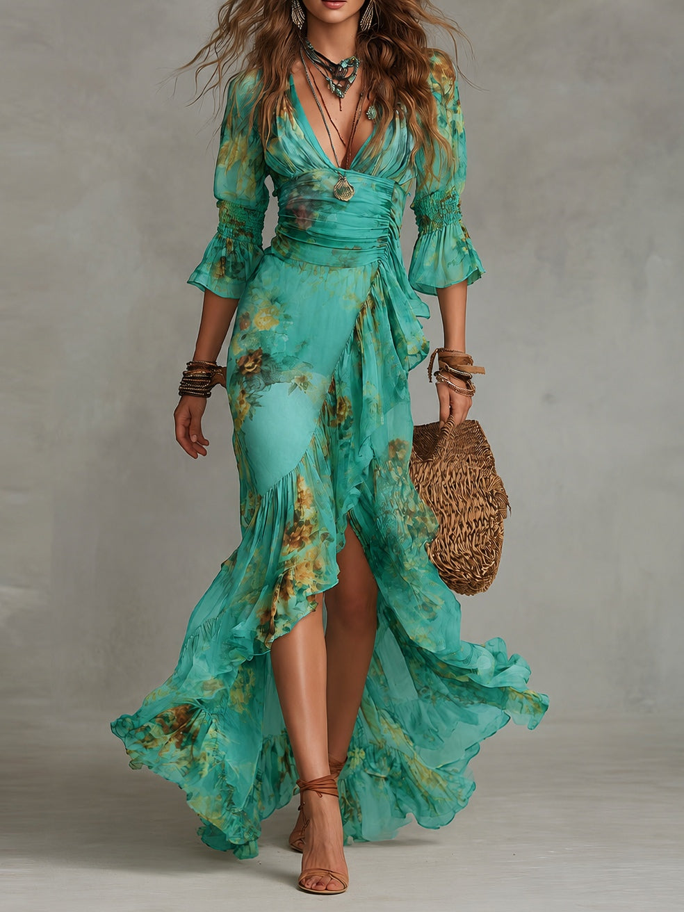 Vestido Estampado Verde Hierba con gasa, volantes y abertura - Verde Hierba
