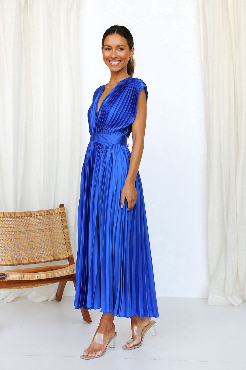 Vestido Midi Elegante con satén, plisado, escote en V y caída fluida - Azul