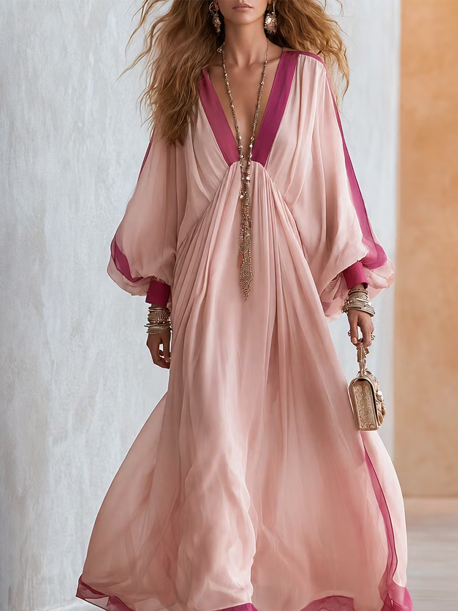 Vestido Largo Boho Rosa con color block - Rosa