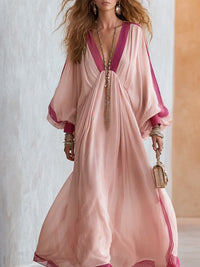 Vestido Largo Boho Rosa con color block - Rosa