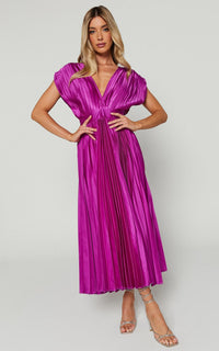 Vestido Midi Elegante con satén, plisado, escote en V y caída fluida - Morado