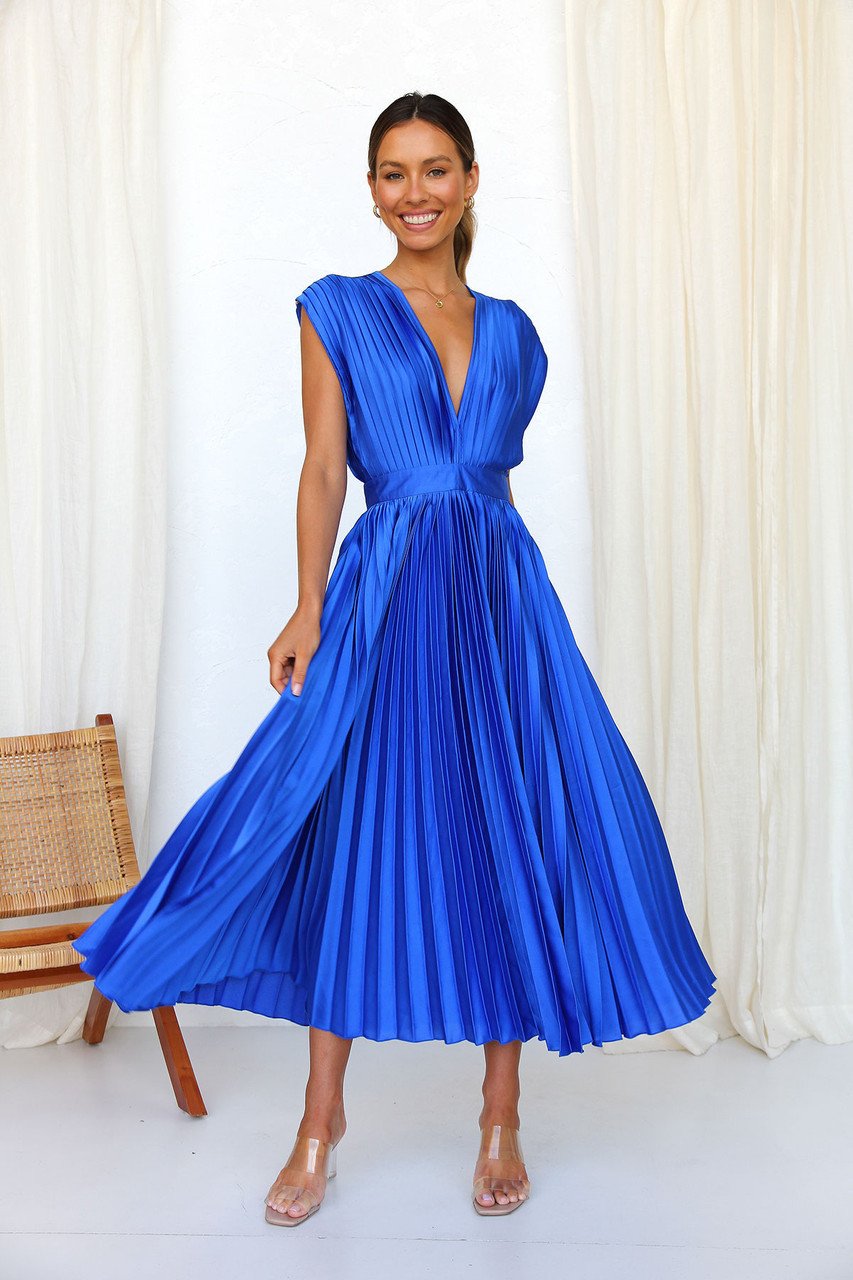 Vestido Midi Elegante con satén, plisado, escote en V y caída fluida - Negro