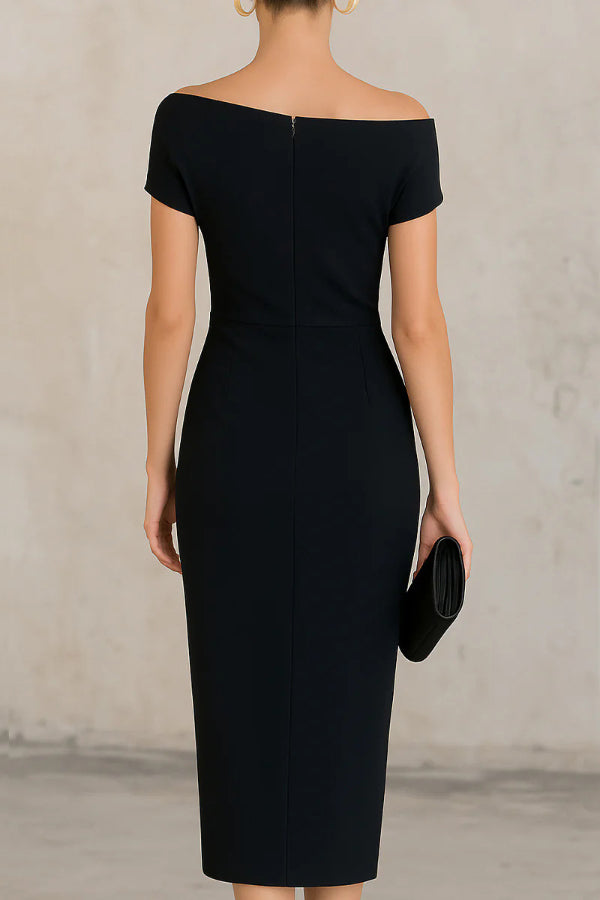 Vestido Midi Elegante Manga Corta con plisado - Blanco