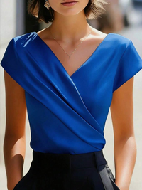 Blusa Elegante Manga Corta con satén, cruzado y escote en V - Blanco