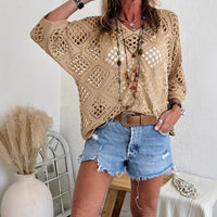 Blusa Boho con escote en V, calado, manga murciélago y punto - Caqui