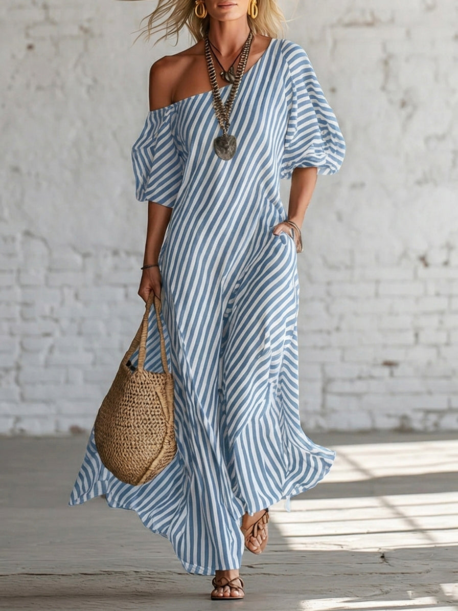 Vestido Largo Elegante con a rayas y hombros descubiertos - Negro