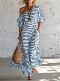 Vestido Largo Elegante con a rayas y hombros descubiertos - Negro