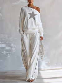 Conjunto de Dos Piezas Blanco con punto, hombros descubiertos, contraste y pierna ancha - Blanco