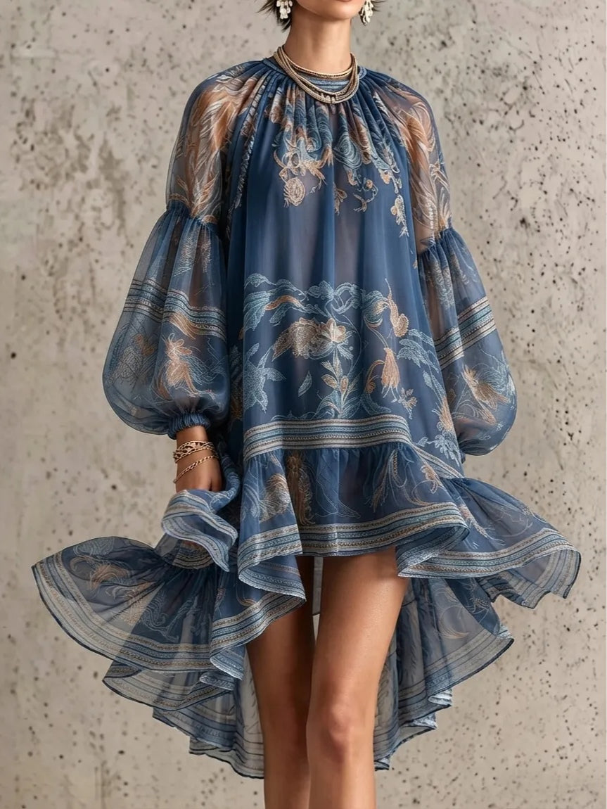 Vestido Estampado Vintage Azul Manga Larga con estampado - Azul