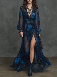 Vestido Estampado Boho Azul con gasa y floral - Azul