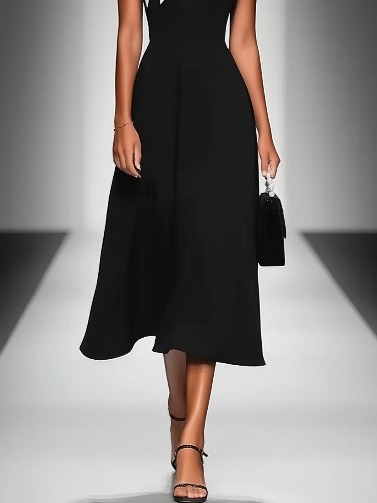 Vestido Midi Negro Colorblock con Cuello Cuadrado y Manga Corta
