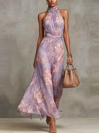 Vestido Estampado con gasa, escote halter y floral - Morado Claro