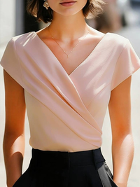 Blusa Elegante Manga Corta con satén, cruzado y escote en V - Negro