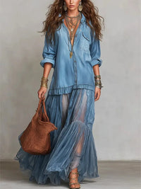 Vestido Casual con vaquero, cuello camisero, transparente y bolsillos - Azul Cielo