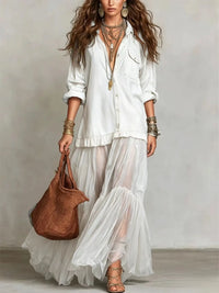 Vestido Casual con vaquero, cuello camisero, transparente y bolsillos - Verde