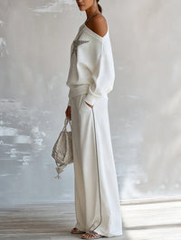 Conjunto de Dos Piezas Blanco con punto, hombros descubiertos, contraste y pierna ancha - Blanco