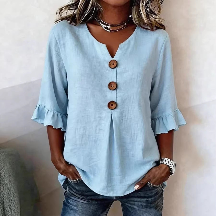 Blusa Casual con escote en V y volante - Blanco