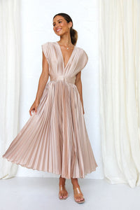 Vestido Midi Elegante con satén, plisado, escote en V y caída fluida - Rosa